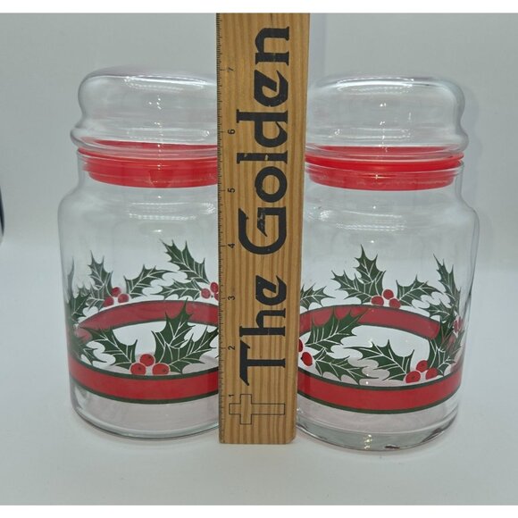 Set Of 2 Clear Glass Holiday Canisters With Red Holly Berry Design & Lids 7" Tal - Picture 2 of 3